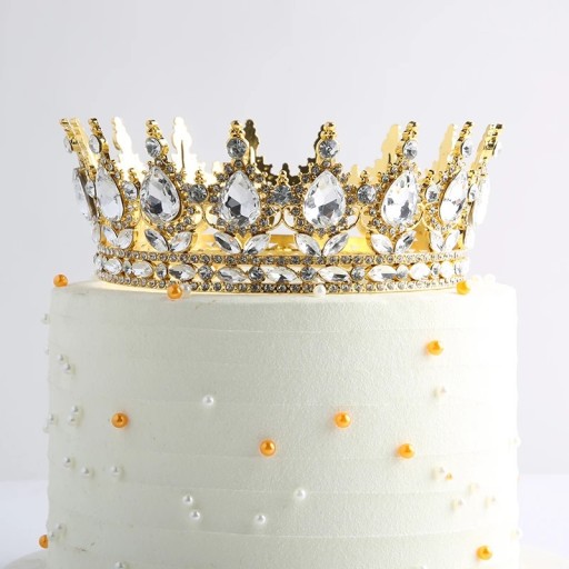 Coroană de aur pentru tort 12,5 x 5,3 cm, pietre colorate, decorațiune pentru tort de ziua de naștere, design elegant, petrecere de prințesă