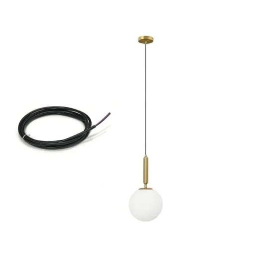 Corp de iluminat suspendat cu abajur rotund din sticlă opal, lumină albă rece, diametru 20 x 20 x 40 cm, cu tijă, bază 10 cm, cablu 200 cm, metal, LED E27