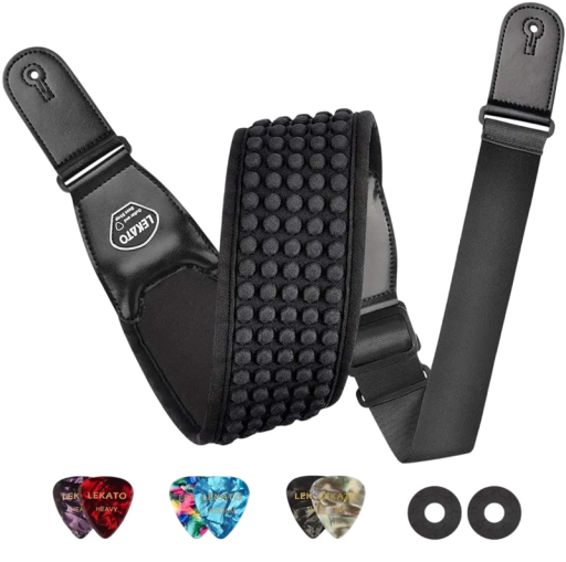 Correa de hombro ajustable para guitarra negra de 121 a 139 cm con púas, cierres de correa y correa de sujeción Tocar cómodamente para todos