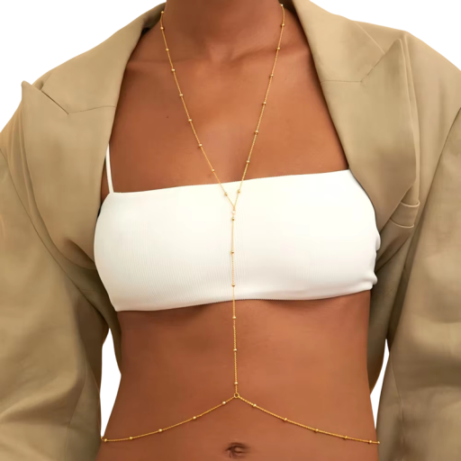 Corrente de corpo com ligação pescoço–cintura 91 + 9 cm e 71 + 9 cm Joia de barriga sexy com contas para biquínis Acessório de verão