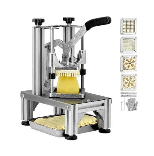 Cortador de patatas fritas con 4 cuchillas de repuesto Cortador de patatas fritas manual de acero inoxidable Picadora con mango ergonómico 22 x 50 cm