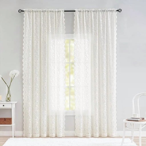 Cortină din dantelă set 2 buc 140 x 114 cm poliester alb cu model floral și margine ondulată pentru fereastra din living și dormitor