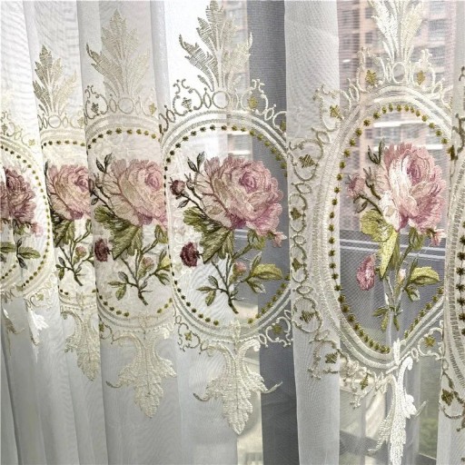 Cortina Transparentă cu Trandafiri Brodat Voile Transparente Cu Trandafiri Broderie Elegantă De Flori Cu Cârlige Cortina Tulle De Lux 132x241cm