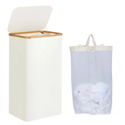 Coș de rufe 100 l cu capac 75 x 40,5 x 33 cm pliabil din material textil bej cu cadru din bambus și sac interior detașabil
