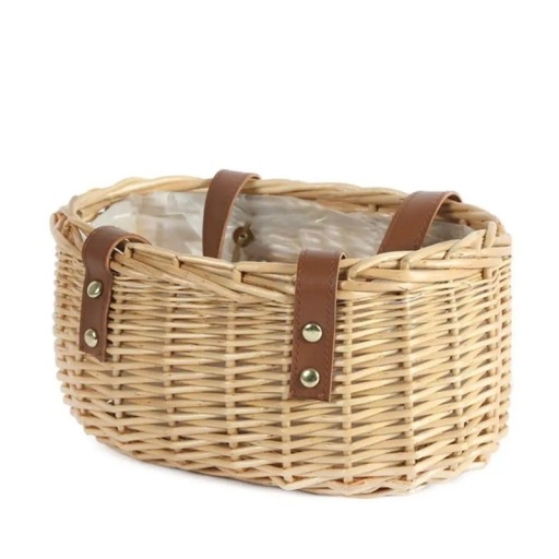 Coș împletit cu mânere din benzi de ratan vrbă natural cu căptușeală coș decorativ pentru flori, picnic și depozitare