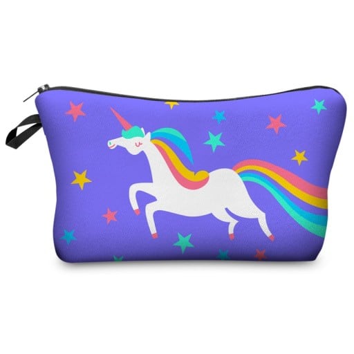 Cosmetica tas voor onderweg met een eenhoorn en sterrenprint Paarse tas met rits en hengsel Polyester Breedte 18 tot 22 cm Hoogte 13,5 cm