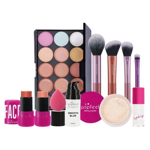 Cosmetische make-up set met concealerpalet, 4 kwasten, spons, stickblush, poeder, primer en lipgloss, cadeau voor vrouwen