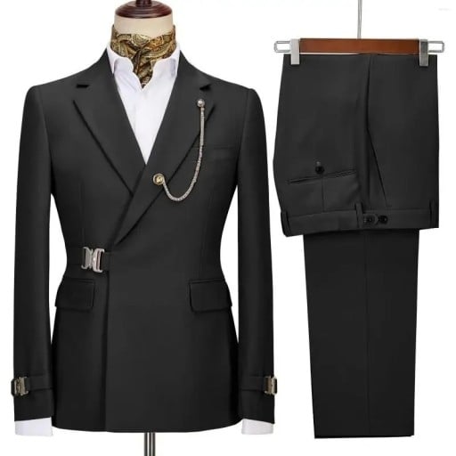 Costum bărbațesc din bumbac, poliester și viscoză Set elegant de sacou și pantaloni pentru bărbați cu lanț la guler Complect uni cu închidere pe curea