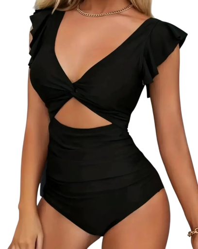 Costum de baie dintr-o singură piesă pentru damă, cu mâneci cu volan și decolteu în V Costum de baie elegant cu talie decupată Moda de plajă elegantă