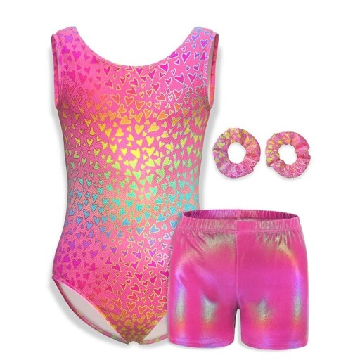 Costum de gimnastică pentru fete, body roz cu imprimeu de inimioare curcubeu, pantaloni scurți și 2 elastice pentru păr din poliester și elastan