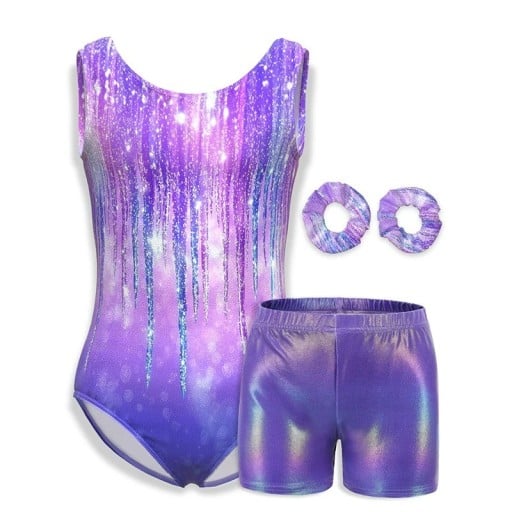 Costum de gimnastică pentru fete, body violet cu dungi strălucitoare, pantaloni scurți și 2 elastice pentru păr, poliester și elastan