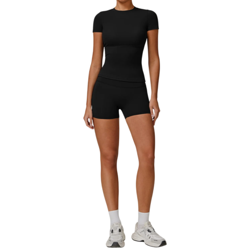 Costum sportiv pentru femei cu pantaloni scurți și tricou cu mânecă scurtă, uni, nylon, poliester, confortabil și stilat