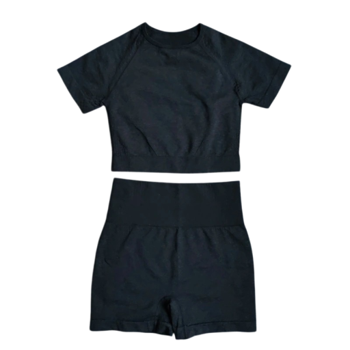 Costum sportiv pentru femei, pantaloni scurți și tricou cu mânecă scurtă, costum fitness monocrom din nylon, poliester și spandex