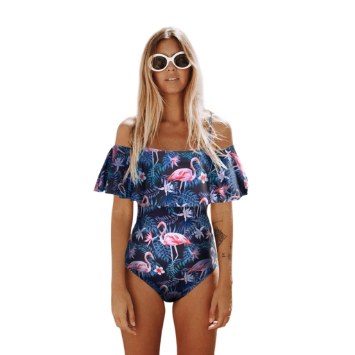Costume de baie întreg pentru femei, bleu, cu imprimeu de palmieri și flamingo, decolteu rotund, bretele subțiri, cu volănașe, poliester, spandex
