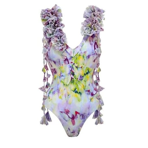 Costume de baie întreg pentru femei cu bretele late, decolteu în V, cu imprimeu floral și ciucuri, din poliester și spandex, costume de baie elegante pentru plajă și piscină de vară