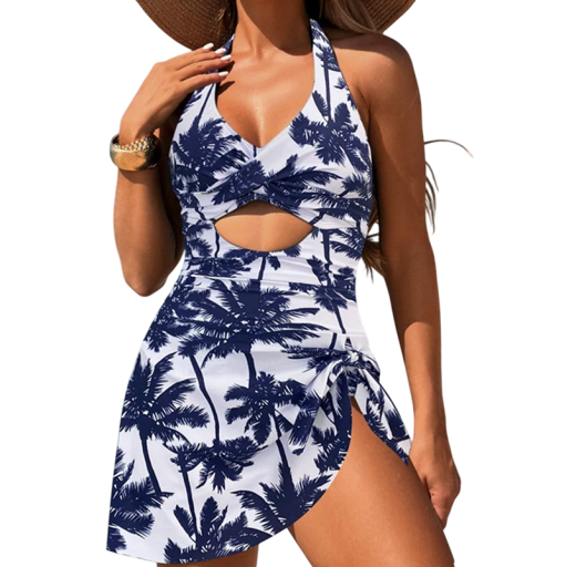 Costume de baie întreg pentru femei cu imprimeu palmier alb și albastru, decolteu în V, bretele late, fustă din poliester și spandex