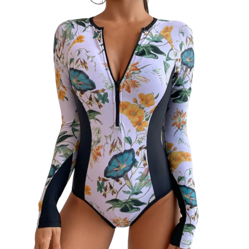 Costume de baie întregi pentru femei albe cu imprimeu floral cu mânecă lungă și decolteu în V cu fermoar din poliester și spandex pentru mare
