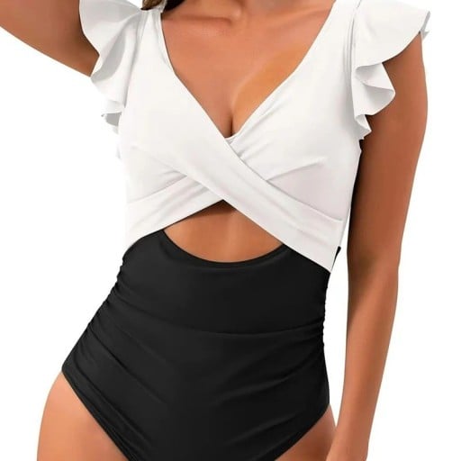 Costume de baie întregi pentru femei cu mânecă scurtă și volane Decolteu în V Polyester Spandex Costume elastice pentru mare și piscină