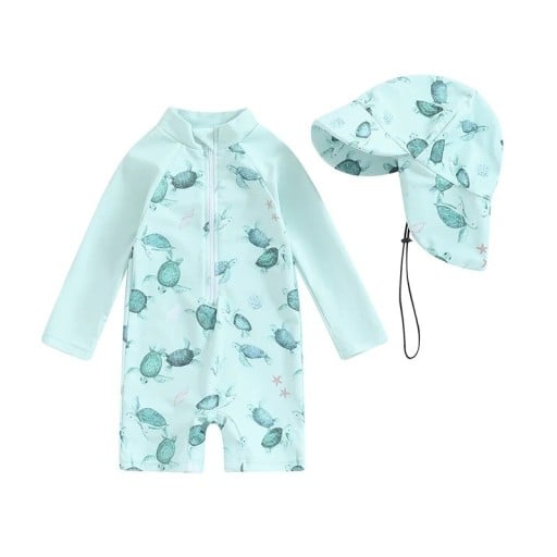 Costume de baie pentru băieți din material verde mentă, cu mânecă lungă, cu țestoase și stele de mare, cu fermoar și pălărie cu șnur