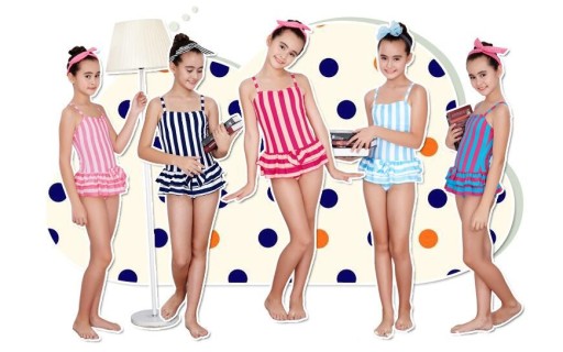 Costumi da bagno a righe per ragazze con gonna J1894