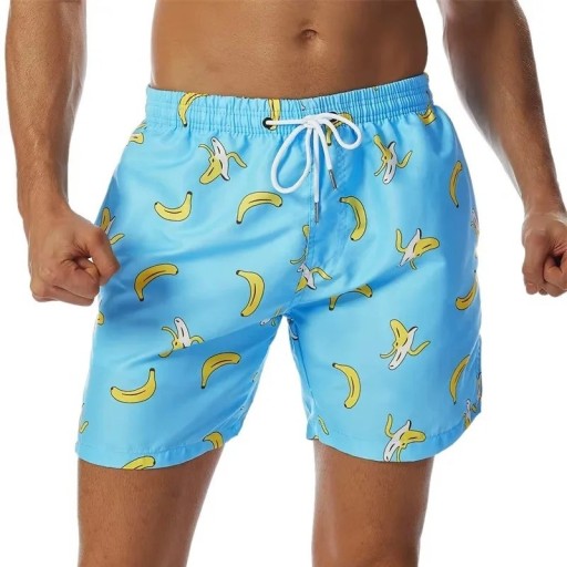 Costumi da bagno da uomo a pantaloncino blu con stampa di banane in poliestere, costumi estivi a asciugatura rapida per spiaggia e piscina