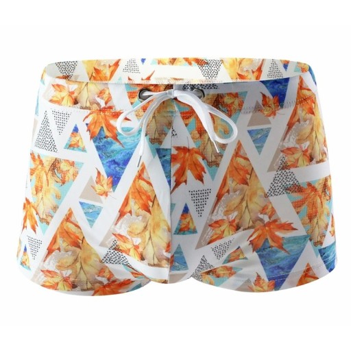 Costumi da bagno da uomo in poliammide e spandex bianchi con stampe di foglie arancioni con cordoncino estivi per spiaggia e piscina mare sportivi