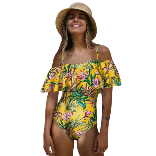 Costumi da bagno interi da donna gialli Stampa floreale Scollatura a O Spalline sottili Con volant Poliestere Spandex Costumi da bagno per mare e piscina