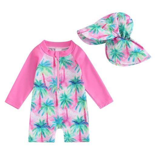 Costumi da bagno rosa per bambine a manica lunga con palme tropicali, con zip e cappellino con visiera e protezione per il collo