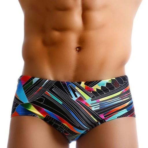 Costumi da bagno slip da uomo neri a fantasia in poliestere con taglio sportivo aderente e vita elastica, costumi da bagno a asciugatura rapida