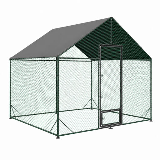 Coteț mare de exterior cu plasă de nailon și tarpaulină de acoperire, 300 x 207 x 276 cm, structură din fier, verde închis, volieră pentru păsări