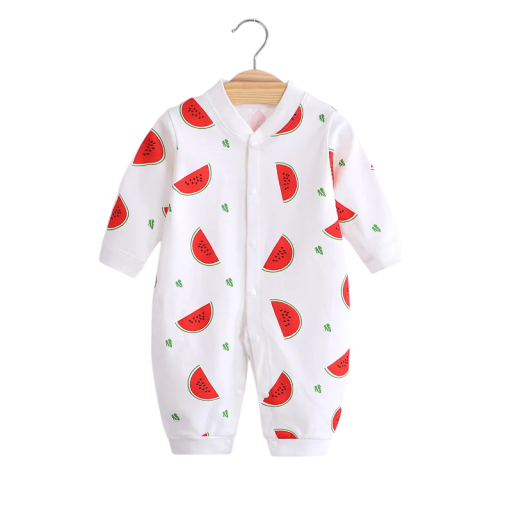Cotton Bodysuit with Long Sleeves and Watermelon Pattern White Baby Overall for Newborns V-Neck Snap Fastening