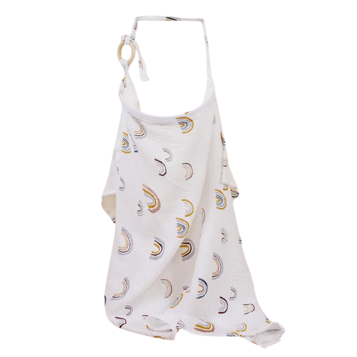 Cotton Muslin Nursing Apron 100 x 60 cm White with Rainbow Print Protection While Feeding Baby Comfortable Lightweight Material