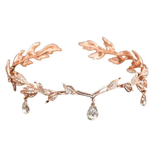 Couronne de fée en rose doré pour cheveux Feuilles et diamants Diadème de mariage Accessoire romantique pour cheveux pour bal séance photo