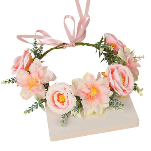 Couronne de fleurs pour cheveux Taille universelle Roses pêche-roses et fleurs pleines Accessoire de jardin romantique avec ruban