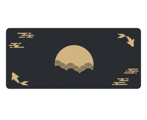 Covoare mare pentru mouse și tastatur cu motiv japonez al peștilor koi și soarelui 800x300x3 mm negru-auriu pentru birou de jocuri și birou