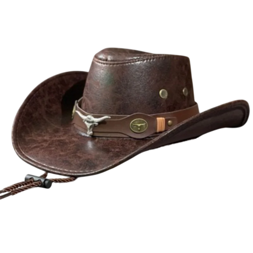 Cowboyhoed 56–58 cm met brede rand en decoratieve riem Kunstleer Stijlvolle westernaccessoire met verstelbare koord onder de kin