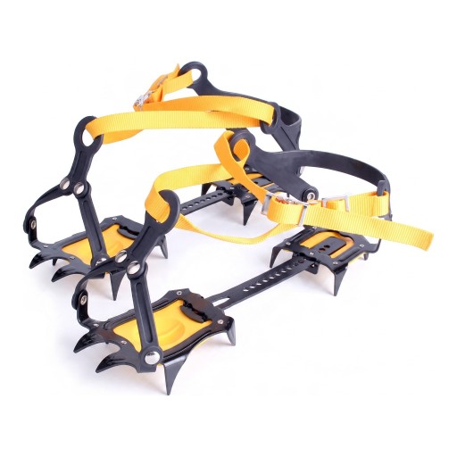 Crampons pour chaussures 10 dents 1 paire Taille réglable EU 30–50 Acier au manganèse Sangles en nylon Noires Avec sac Pour glace neige et randonnée