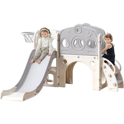 Cream and Grey Children's Slide with Bridge and Basketball Hoop 140 x 85 cm with a Slide of 165 cm, Steps with Railing and a Crawl Arch
