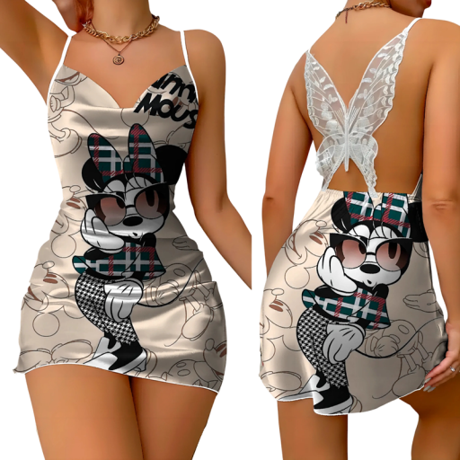 Cream Mini Dress with Retro Character in Glasses Checkered Pattern Lace Butterfly Back Stylish Print and Elegant Silhouette