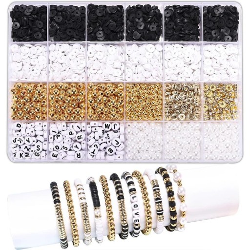 Creative Set of Clay Beads Black White Gold 24 Compartments Polymer Beads for Jewellery Making Bracelets Necklaces Earrings Crafting
