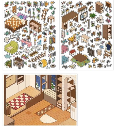 Creative Stickers Room with Furniture and Background 130x170 mm and 120x170 mm Brown Set of Sheets for Decoration