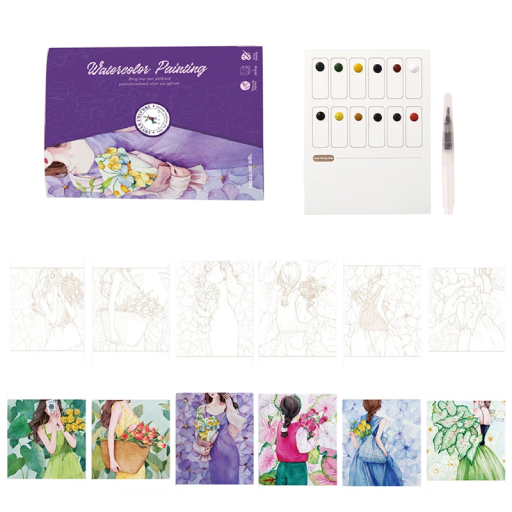 Creative Watercolour Set with Pre-Printed Illustrations of Characters with Flowers 19 × 14.4 cm Pigment Palette Water Brush Painting at Home and on the Go