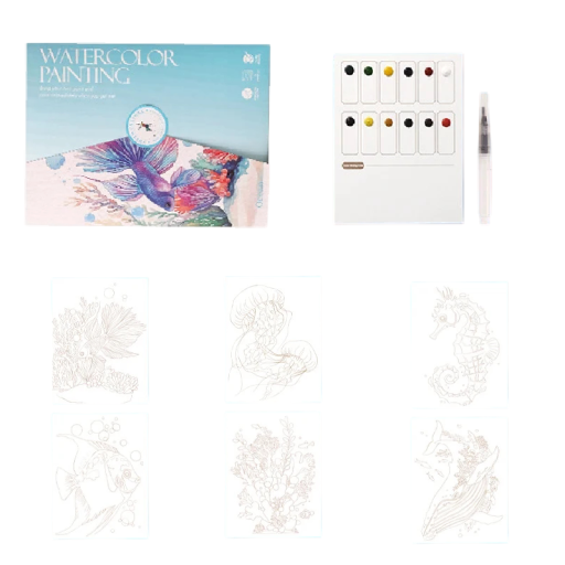 Creative Watercolour Set with Pre-Printed Illustrations of Sea Animals 19 × 14.4 cm Pigment Palette Water Brush Painting at Home and on the Go
