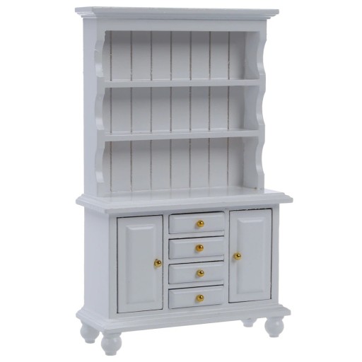 Credenza bianca in legno per bambole Mini mobili in stile credenza con ripiani Porte e quattro cassetti Dimensioni 10,3 x 4 x 16,9 cm