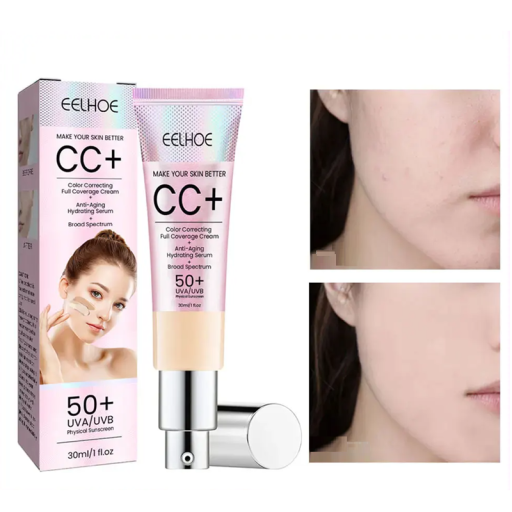 Crema CC resistente al agua con FPS 50, 30 ml, maquillaje hidratante iluminador con colágeno, vitamina B y péptidos, cuidado de la piel