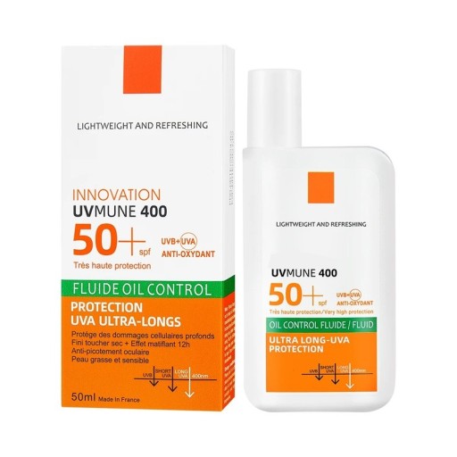 Crema de protecție solară pentru față SPF 50+ cu protecție UV ridicată, fluid hidratant 2 în 1, 50 ml, textură ușoară, apoasă, pentru ten gras, acneic și mixt