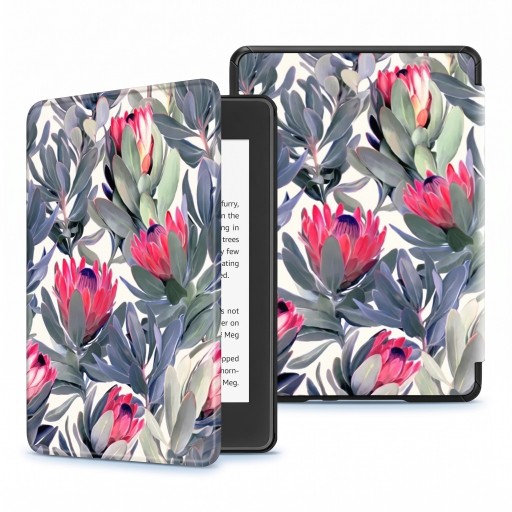Crème flipcase 6 inch voor Kindle 10e generatie 2019 met geschilderde roze protea's en grijsblauwe bladeren met een band en folie
