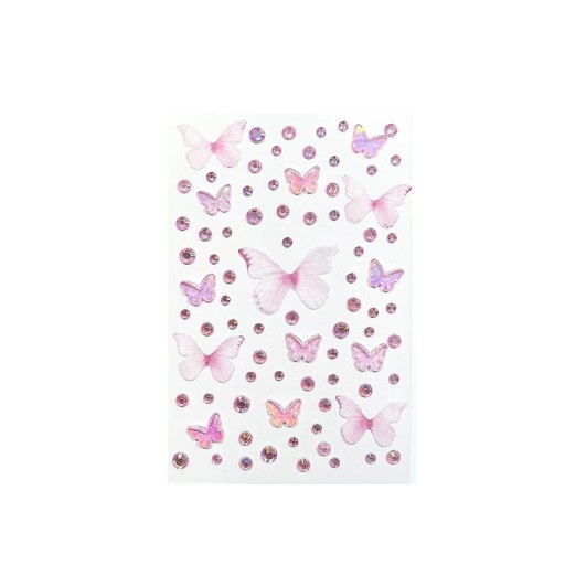 Cristais 3D rosa para o rosto com borboletas Adesivos para festival Cristais cintilantes Gemas Diamantes Decorações de maquilhagem