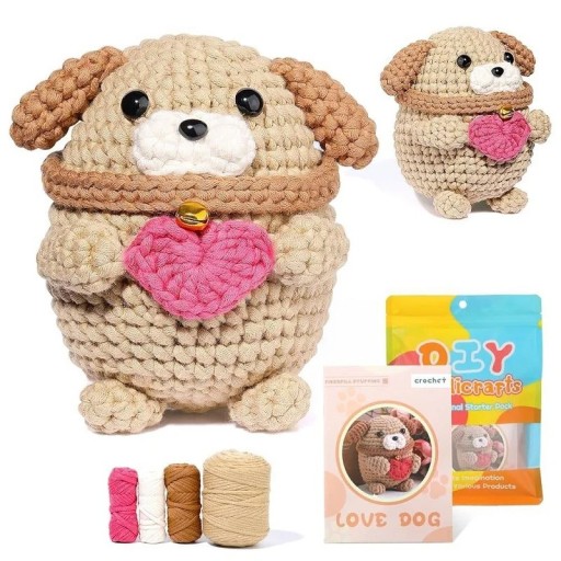 Crochet Kit Dog Heart DIY for Beginners with Instructions Cotton Yarn Needles Hook Creative Toy Making Handmade Animal