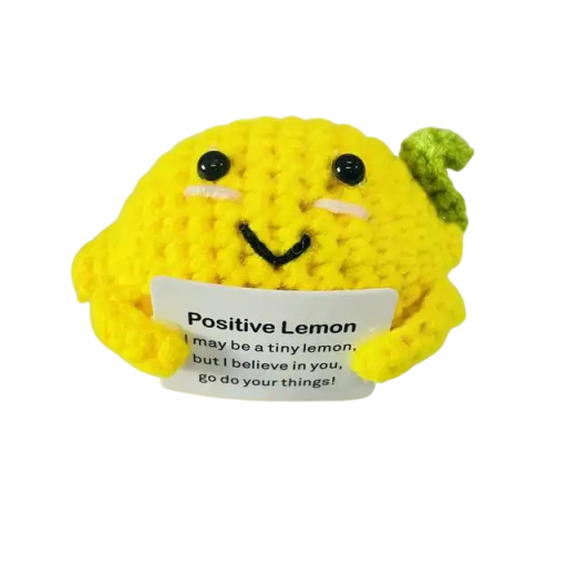 Crocheted Lemon with a Smile For Positive Energy Decorative Toy Handmade Gift Cheerful Fruit Motif Encouraging Phrase